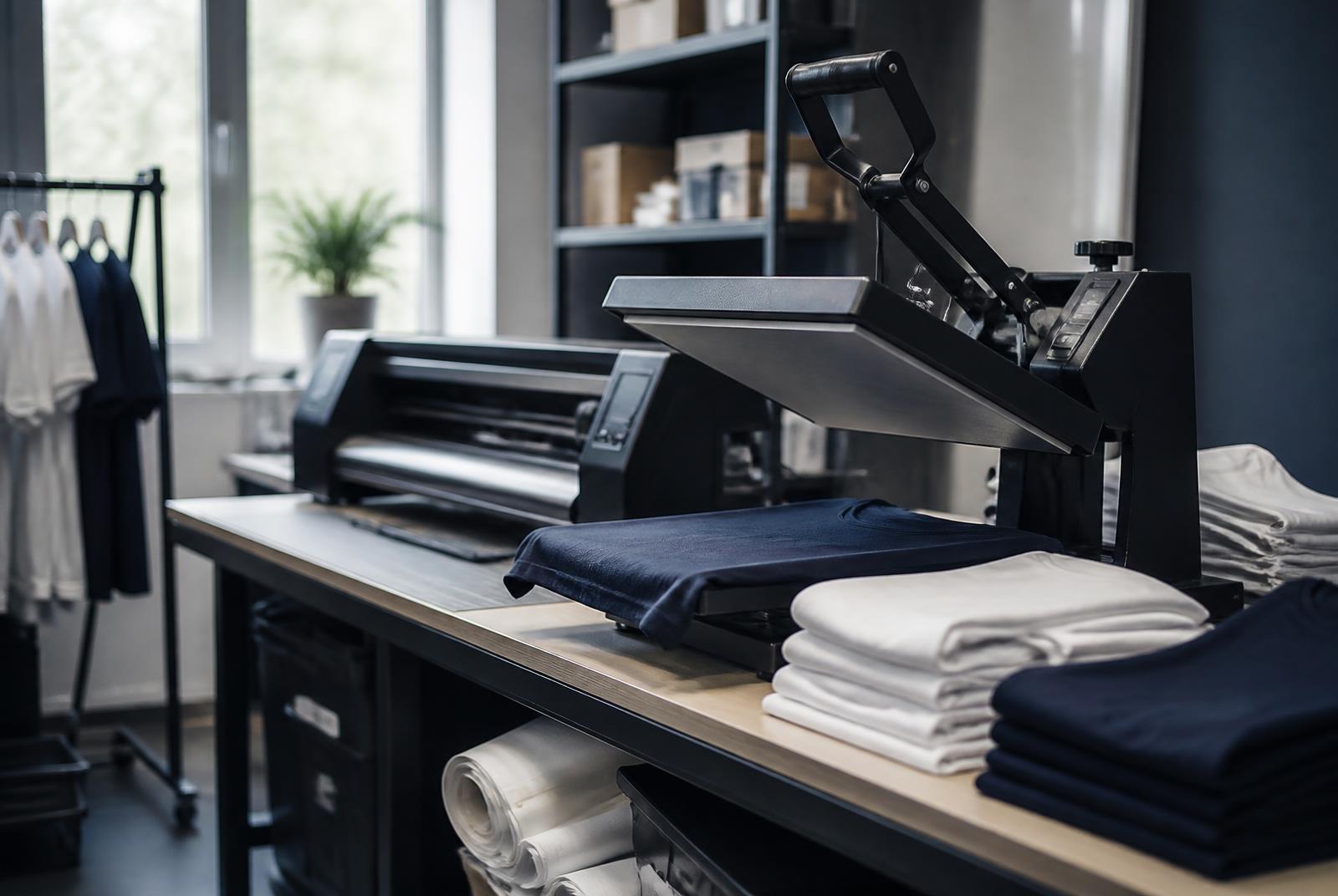 Tryckeriverkstad med värmepress och skärplotter